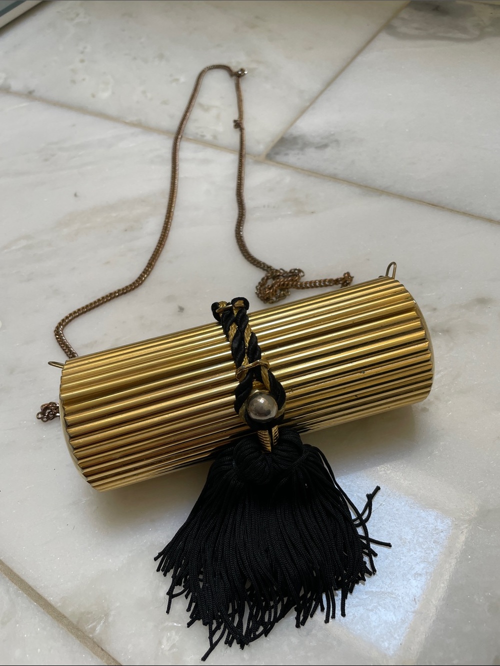 Gold Cylinder Evening Clutch with Black Tassel